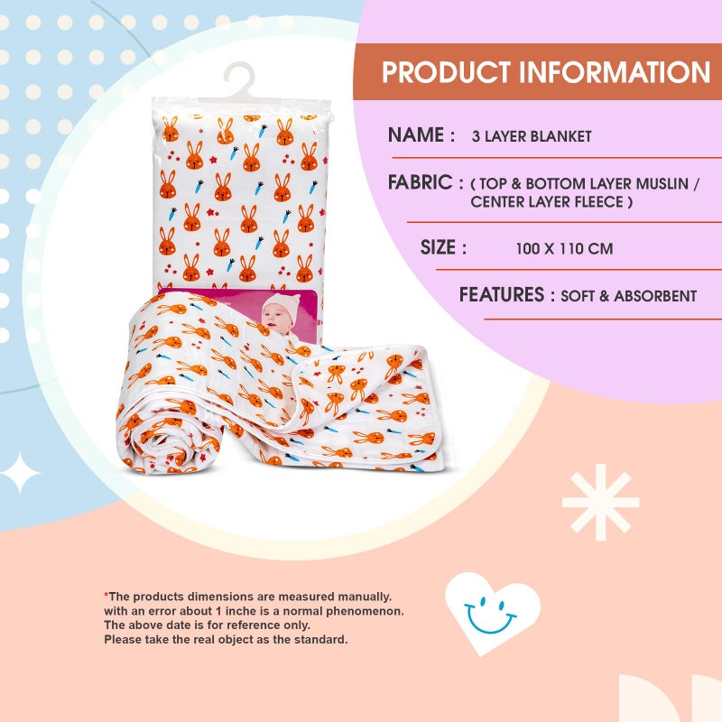 Mee Mee 2-in-1 Super Soft Baby Blanket & Wrapper | Cozy 3 Layer Blanket with Comfortable Muslin & Fleece | with Attractive Bunny Rabbit Print (Assorted) for 0-2 Years (100X120 CM) - Image 3