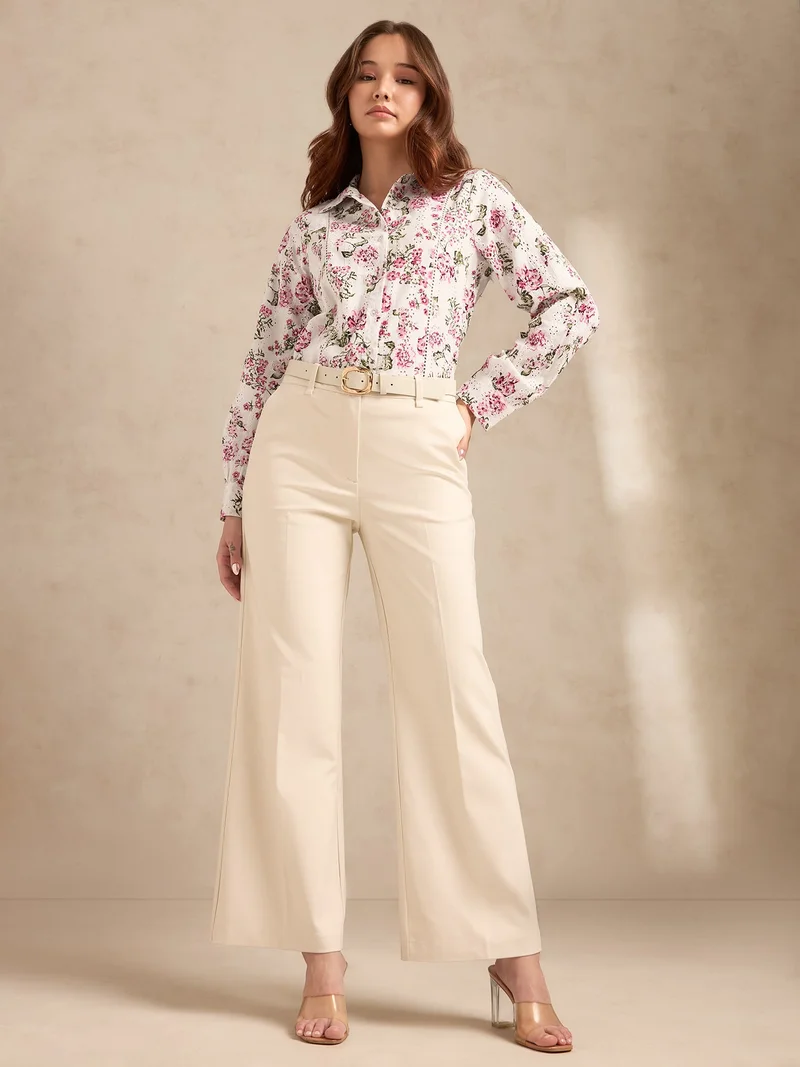 Outzidr  Multi Floral Printed Schiffli Long Sleeves Shirt for Women | Best Price UAE