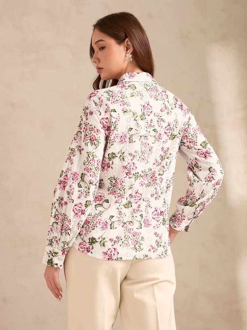 Outzidr  Multi Floral Printed Schiffli Long Sleeves Shirt for Women | Best Price UAE