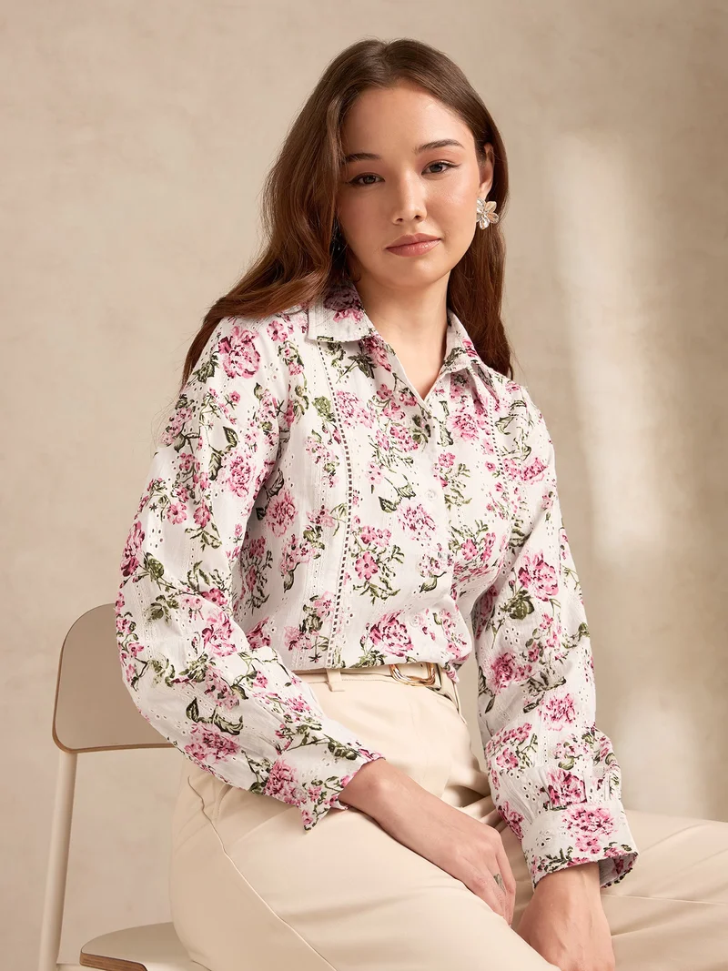 Multi Floral Printed Schiffli Long Sleeves Shirt