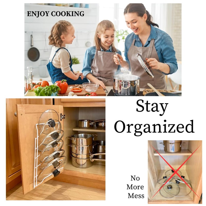 Evelots 6 Pot Lid Organizer for Cabinet Door or Pantry Wall - Closet Door Pots and Pans Lids Holder - Glass or Metal Pan Covers Cabinet Organizer Kitchen Storage - White 6 Tier Lid Rack - Image 2