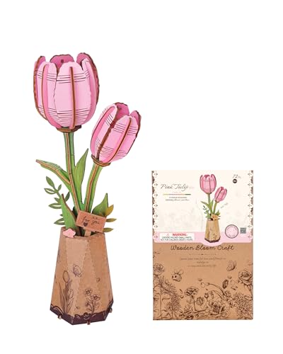 Wowood 3D Flower Wooden Puzzles for AdultsPink Tulip DIY Wooden Flowers Model Kit Building Set Crafts for Adults to Build Botanical CollectionIdeal Creative Gift IdeasHousewarming 72PCS - Image 1