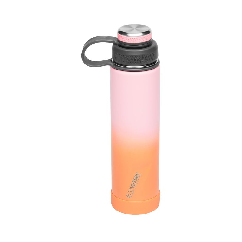 EcoVessel Stainless Steel Water Bottle with Insulated Dual Lid Insulated Water Bottle with Strainer and Silicone Bottle Bumper Coffee Mug  24oz Coral Sand