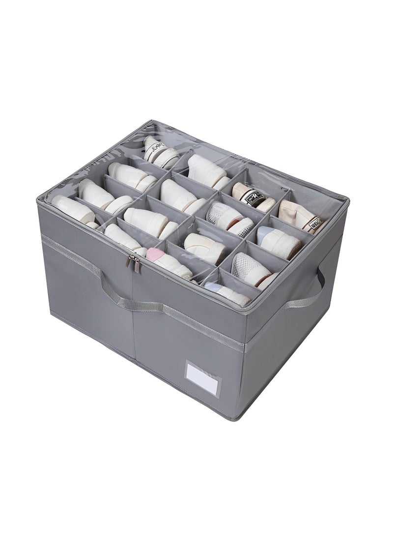 Beauenty Shoe Organizer for Closet,Fits up to 16 Pairs,Large Adjustable Shoe Box Storage Container with Clear Cover,Shoes Organizer with Bottom Support and Reinforced Handles(Grey) 