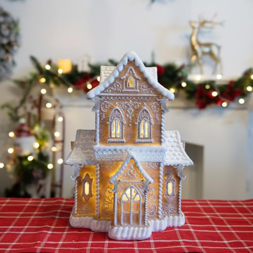Braxio Indoor Christmas Decorations Resin Gingerbread House with LED Light - Traditional Cottage & Church Village Collectible Figurines, 10.25 x 7.5 x 13.5 Inch, Gingerbread Color - Image 2