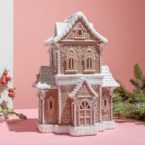 Braxio Indoor Christmas Decorations Resin Gingerbread House with LED Light - Traditional Cottage & Church Village Collectible Figurines, 10.25 x 7.5 x 13.5 Inch, Gingerbread Color - Image 5
