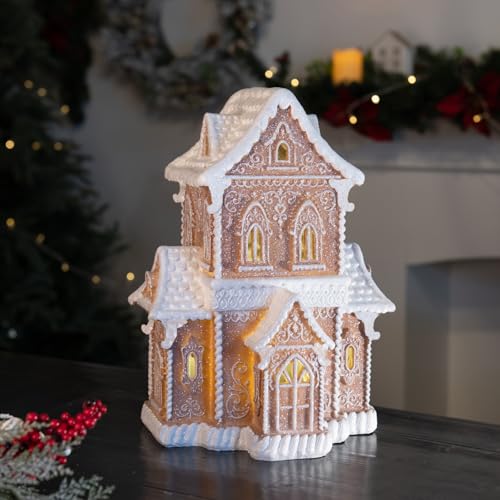 Braxio Indoor Christmas Decorations Resin Gingerbread House with LED Light - Traditional Cottage & Church Village Collectible Figurines, 10.25 x 7.5 x 13.5 Inch, Gingerbread Color - Image 4