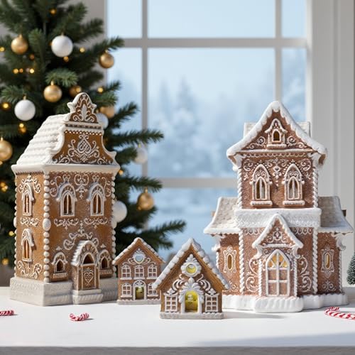 Braxio Indoor Christmas Decorations Resin Gingerbread House with LED Light - Traditional Cottage & Church Village Collectible Figurines, 10.25 x 7.5 x 13.5 Inch, Gingerbread Color - Image 3