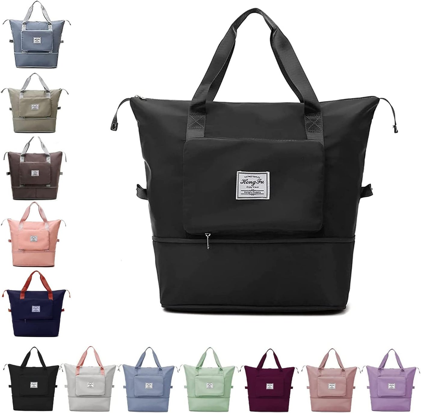 Large Capacity Folding Travel Bag, Foldable Travel Duffel Bag, Lightweight Waterproof Carry on Luggage Bags with Dry Wet Separation Pocket, Expandable Weekender Overnight Sports Gym Bag (Black)
