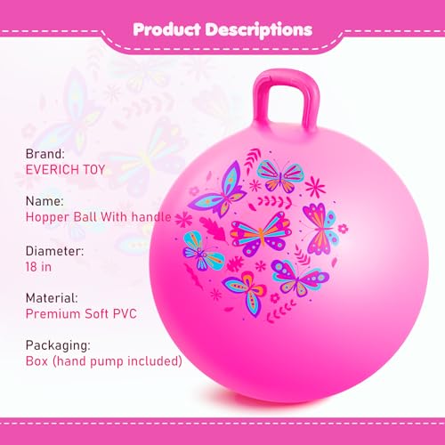 EVERICH TOY Hopper Ball Pink Butterfly Hopping Toys for Kids 18 Inch Bouncy Ball with Handle Indoor Outdoor Inflatable Hoppity Hop Toy for Girls Boys Gift with Free Pump - Image 5
