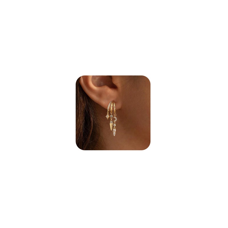Robaice Dangle Earrings for Women,14k Gold Plated Triple Huggie Stud Earrings Dainty Drop Earrings for Women Trendy Gold Statement CZ Chain Earrings Non Tarnish Jewelry - Image 1