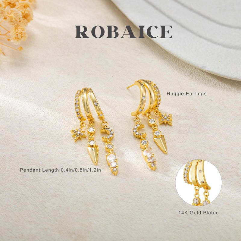 Robaice Dangle Earrings for Women,14k Gold Plated Triple Huggie Stud Earrings Dainty Drop Earrings for Women Trendy Gold Statement CZ Chain Earrings Non Tarnish Jewelry - Image 5