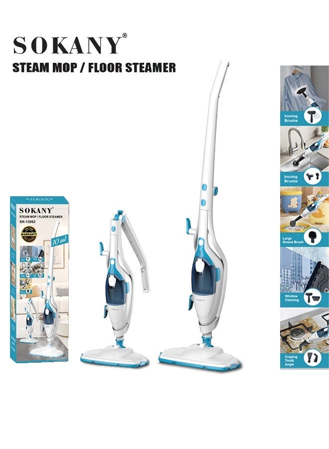 sokany 10-in-1 Steam Mop for Floor Cleaner,with Foldable Wand and 180° Swivel Steering, Removable Water Tank, Chemical-Free Cleaning, Safe for All Sealed Floors, Anti Slip Suction 2000 W SK-13062, White/Blue - Image 1