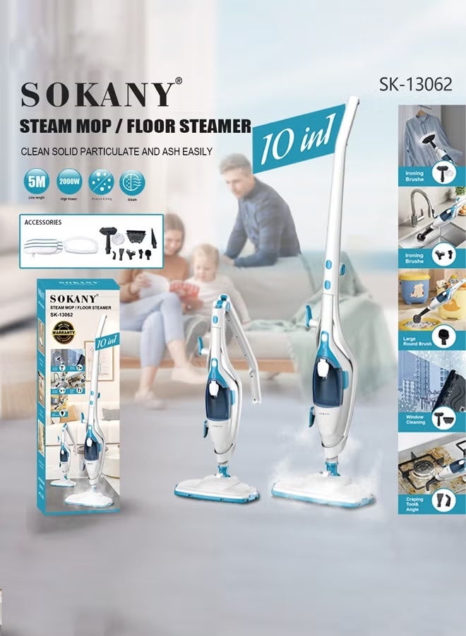 sokany 10-in-1 Steam Mop for Floor Cleaner,with Foldable Wand and 180° Swivel Steering, Removable Water Tank, Chemical-Free Cleaning, Safe for All Sealed Floors, Anti Slip Suction 2000 W SK-13062, White/Blue - Image 2