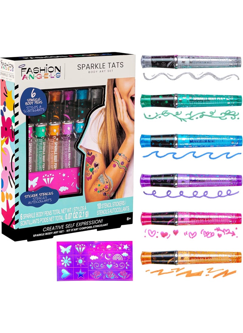 Fashion Angels - Fashion Angels Sparkle Tats Body Art Set - Temporary Tattoo Pens, Washable & Shimmery Tattoo Body Ink, 6 Tattoo Body Markers Set with Stencil Stickers for Kids 8+, Multi (12674) - Image 1