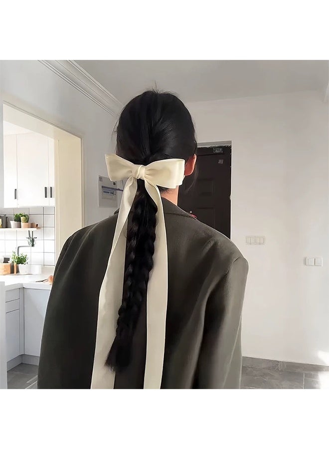 Vintage Silk Satin Bow Hair Clip Long Satin Silk Bow Hairclip Barrette Long Tails Ribbon Bow Hairclip Pin Silky Satin Hair Bow Clips Handmade Long Bow Hair Accessories for Women (White) - Image 1
