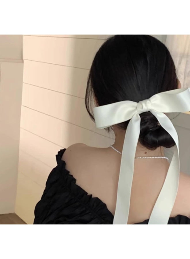 Vintage Silk Satin Bow Hair Clip Long Satin Silk Bow Hairclip Barrette Long Tails Ribbon Bow Hairclip Pin Silky Satin Hair Bow Clips Handmade Long Bow Hair Accessories for Women (White) - Image 4