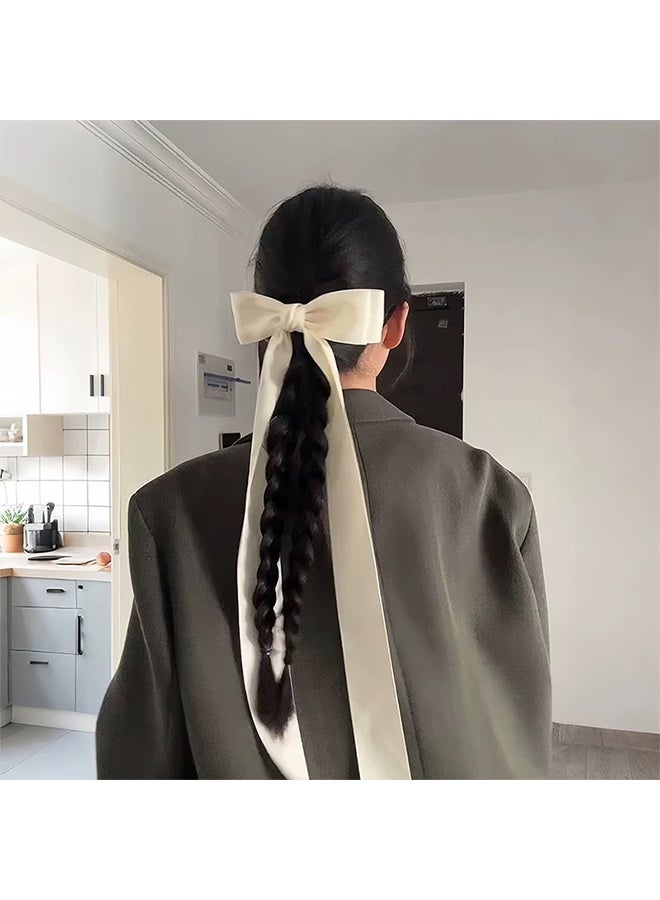 Vintage Silk Satin Bow Hair Clip Long Satin Silk Bow Hairclip Barrette Long Tails Ribbon Bow Hairclip Pin Silky Satin Hair Bow Clips Handmade Long Bow Hair Accessories for Women (White) - Image 2