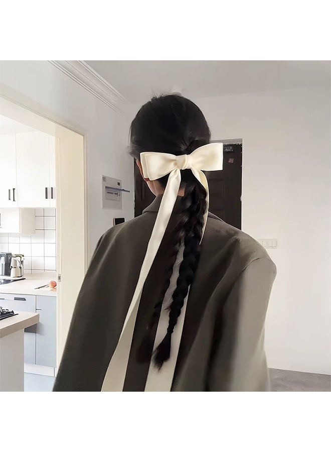 Vintage Silk Satin Bow Hair Clip Long Satin Silk Bow Hairclip Barrette Long Tails Ribbon Bow Hairclip Pin Silky Satin Hair Bow Clips Handmade Long Bow Hair Accessories for Women (White) - Image 3