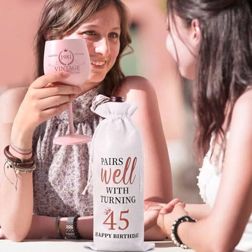 Lifecapido 45th Birthday Gifts for Women, Vintage 1981 Stainless Steel Wine Glass with Wine Bag and Card, 45th Birthday Decorations for Women, 45 Year Old Birthday Gifts for Mom Sister Friends Wife - Image 4