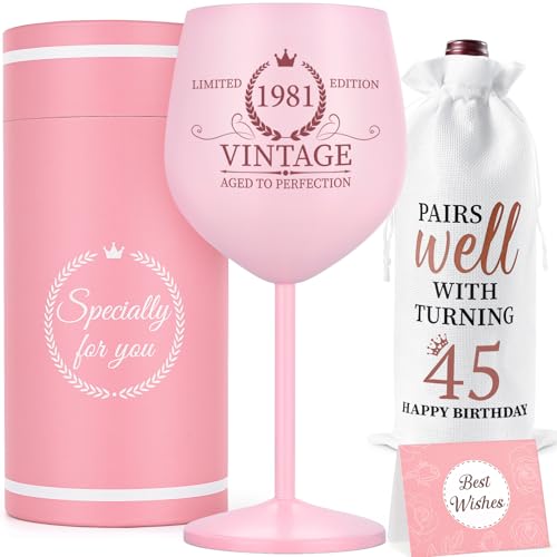 Lifecapido 45th Birthday Gifts for Women, Vintage 1981 Stainless Steel Wine Glass with Wine Bag and Card, 45th Birthday Decorations for Women, 45 Year Old Birthday Gifts for Mom Sister Friends Wife - Image 1
