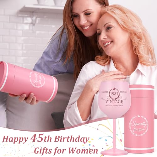 Lifecapido 45th Birthday Gifts for Women, Vintage 1981 Stainless Steel Wine Glass with Wine Bag and Card, 45th Birthday Decorations for Women, 45 Year Old Birthday Gifts for Mom Sister Friends Wife - Image 2