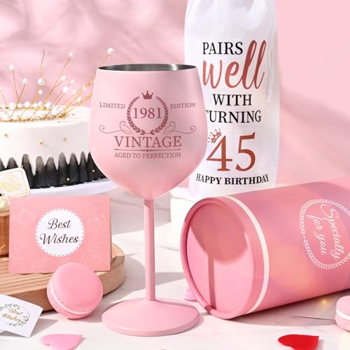 Lifecapido 45th Birthday Gifts for Women, Vintage 1981 Stainless Steel Wine Glass with Wine Bag and Card, 45th Birthday Decorations for Women, 45 Year Old Birthday Gifts for Mom Sister Friends Wife - Image 3