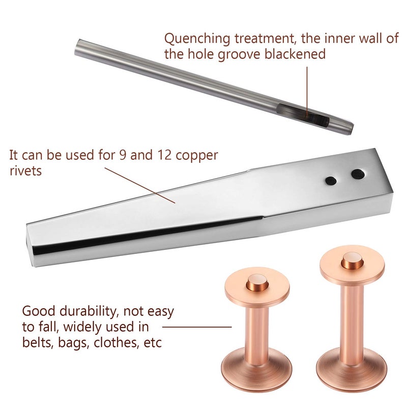Hotop 100pcs Copper Rivet and Burr Washers for Leather Work #9 and #12 Brass Rivets Setter Install Setting Tool with Hole Punch Cutter Kit for Belts Wallets Collars Leather DIY Craft Supplies - Image 5