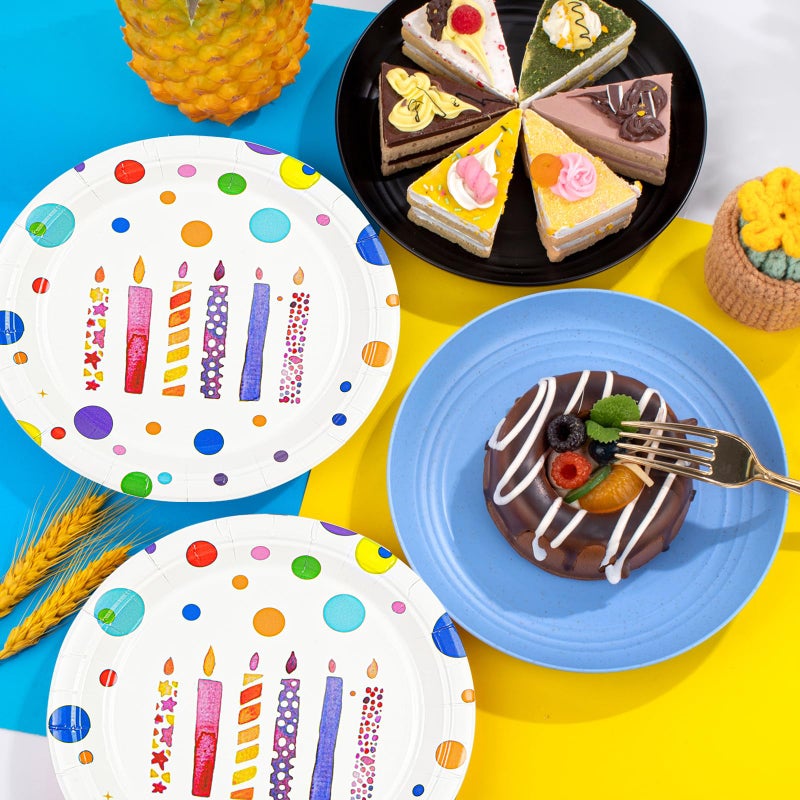 HFBOBP 72Pcs Happy Birthday Paper Plates And Napkins Decorations  7Inch Colorful Dots Cake Dessert Plates With Forks Disposable Dinnerware Tableware Set For Birthday'S Party Supplies (Birthday Candle) - Image 2