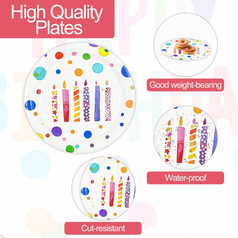 HFBOBP 72Pcs Happy Birthday Paper Plates And Napkins Decorations  7Inch Colorful Dots Cake Dessert Plates With Forks Disposable Dinnerware Tableware Set For Birthday'S Party Supplies (Birthday Candle) - Image 4