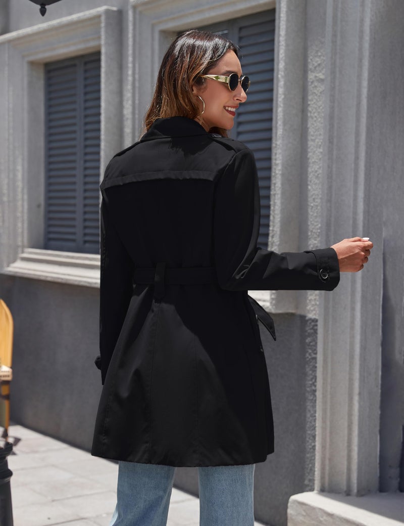 wantdo Women's Waterproof Trench Coat Classic Lapel Outerwear Coat with Belt Black Small - Image 2