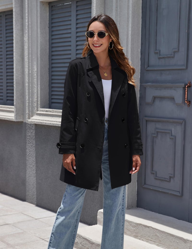 wantdo Women's Waterproof Trench Coat Classic Lapel Outerwear Coat with Belt Black Small - Image 3