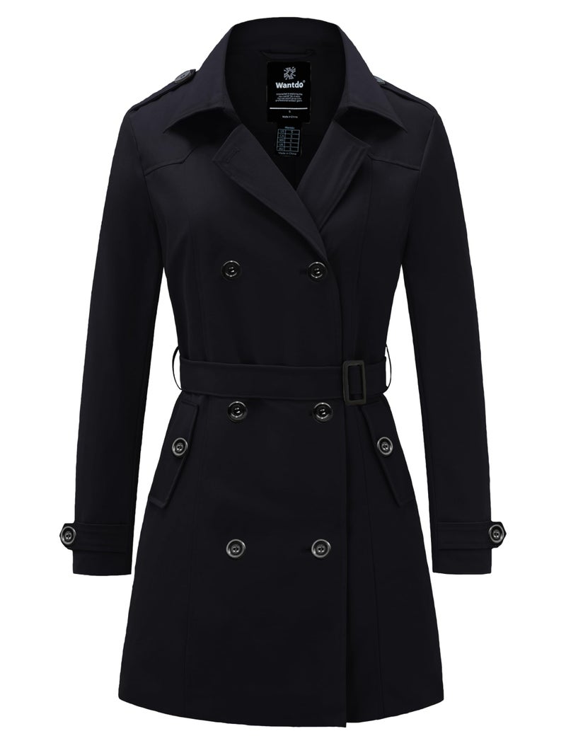 wantdo Women's Waterproof Trench Coat Classic Lapel Outerwear Coat with Belt Black Small - Image 1