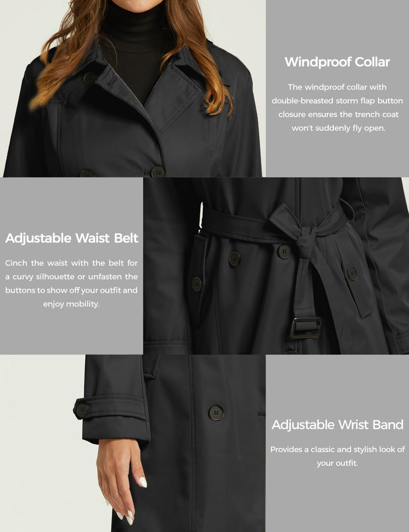 wantdo Women's Waterproof Trench Coat Classic Lapel Outerwear Coat with Belt Black Small - Image 5