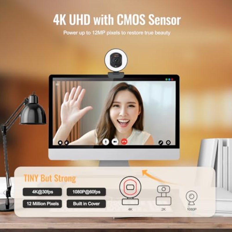 4K Webcam with Light for PC: UHD 4K, TOF Auto Focus, Dual AI Noise-Cancelling Mics, 1080p@60FPS, USB Streaming Webcam w/Privacy Cover for Laptop/Mac/Desktop/PC Work w/Zoom/Teams/Google Meet TOF AutoFocus, 2 AI Noise Reduction Mics, 1080p@60FPS, USB Streaming Web Cam Built in Privacy Cover for Laptop Mac Zoom Teams - Image 2