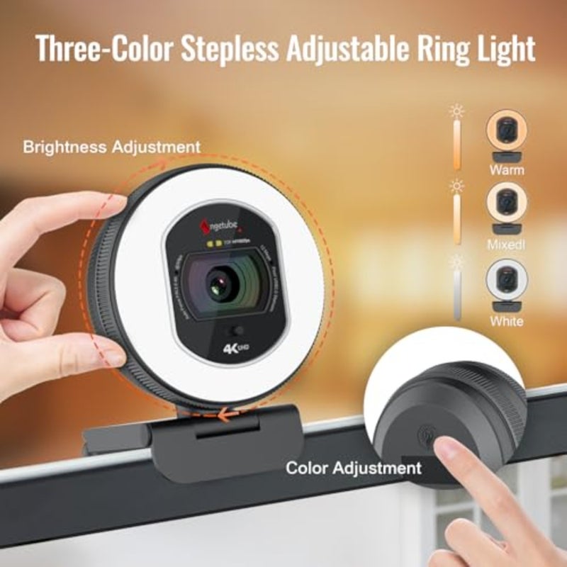 4K Webcam with Light for PC: UHD 4K, TOF Auto Focus, Dual AI Noise-Cancelling Mics, 1080p@60FPS, USB Streaming Webcam w/Privacy Cover for Laptop/Mac/Desktop/PC Work w/Zoom/Teams/Google Meet TOF AutoFocus, 2 AI Noise Reduction Mics, 1080p@60FPS, USB Streaming Web Cam Built in Privacy Cover for Laptop Mac Zoom Teams - Image 3