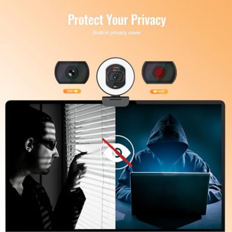 4K Webcam with Light for PC: UHD 4K, TOF Auto Focus, Dual AI Noise-Cancelling Mics, 1080p@60FPS, USB Streaming Webcam w/Privacy Cover for Laptop/Mac/Desktop/PC Work w/Zoom/Teams/Google Meet TOF AutoFocus, 2 AI Noise Reduction Mics, 1080p@60FPS, USB Streaming Web Cam Built in Privacy Cover for Laptop Mac Zoom Teams - Image 4