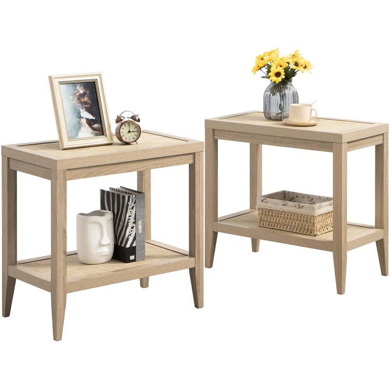 SICOTAS Rattan Nightstands Set of 2 Boho Shelf Bedside Tables Narrow End Table Living Room Set of 2 Side Table with Rattan Storage Shelves for Small Space Light Oak