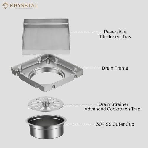 KRYSSTAL Bathroom Drain Cover (5" x 5") 304-Stainless Steel Tile Insert Floor Drain with Cockroach Trap, Invisible Drainage Jali for 13mm Tile - Image 2