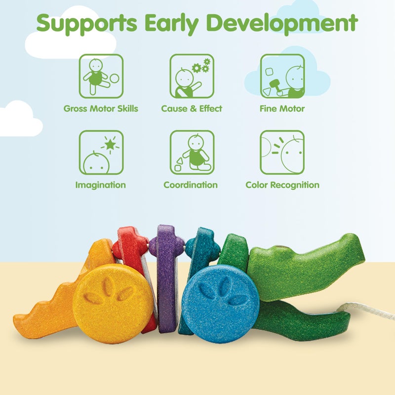 PlanToys® Rainbow Dancing Alligator Pull Toy for Toddlers | Eco-Friendly Wooden Toy with Click-Clack Sound | Walking Toy for Babies - Image 4