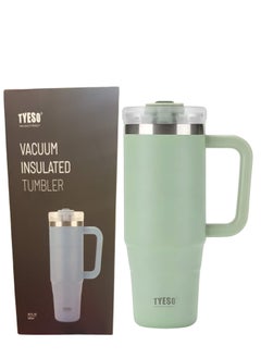 TYESO Tyeso 30 oz Tumbler with Handle, Straw and Lid - Leak Resistant Insulated Stainless Steel Water Bottle, Car Cup Holder Friendly Travel Coffee Mug (Green)  - Image 1