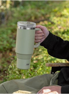 TYESO Tyeso 30 oz Tumbler with Handle, Straw and Lid - Leak Resistant Insulated Stainless Steel Water Bottle, Car Cup Holder Friendly Travel Coffee Mug (Green)  - Image 5