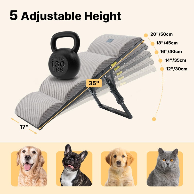 Veehoo Dog Ramp for Bed Couch for Small to Large Dog, Foldable Ramp for Dogs to Get on Bed 5 Adjustable Height from 12" to 20", Pet Cat Stairs Doggy Steps Non Slip with Metal Frame, Up to 130lbs - Image 2