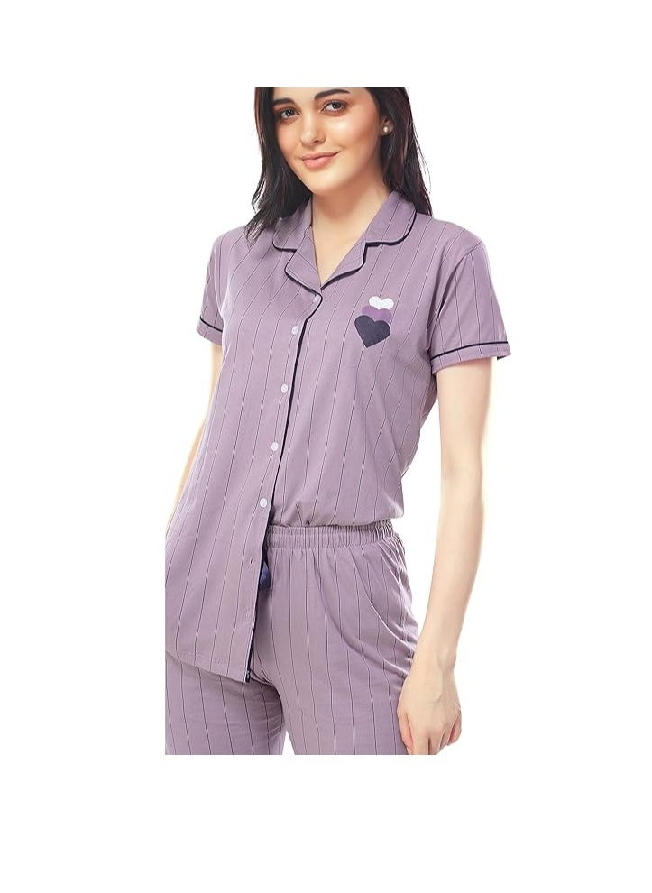 Women's Cotton Strip Printed Night Suit Set of Shirt & Pyjama