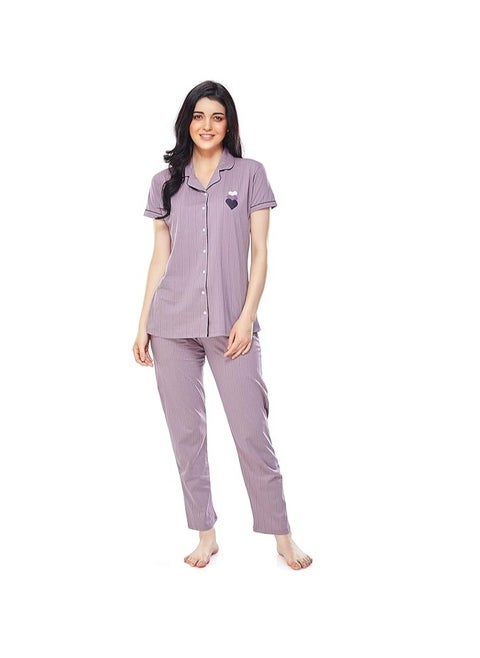 Women's Cotton Strip Printed Night Suit Set of Shirt & Pyjama