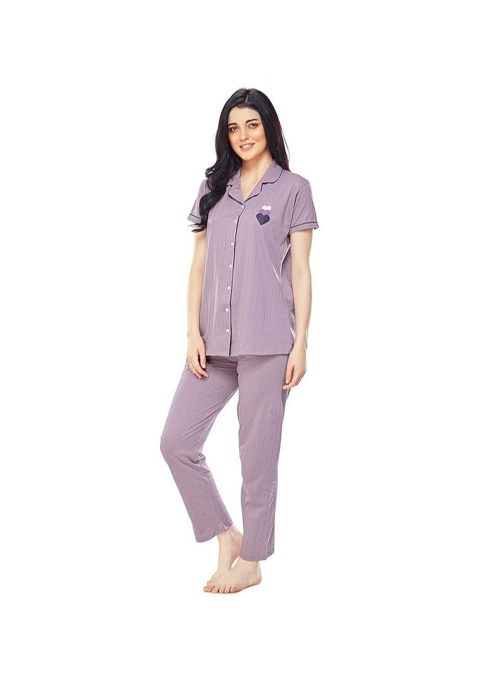 Women's Cotton Strip Printed Night Suit Set of Shirt & Pyjama