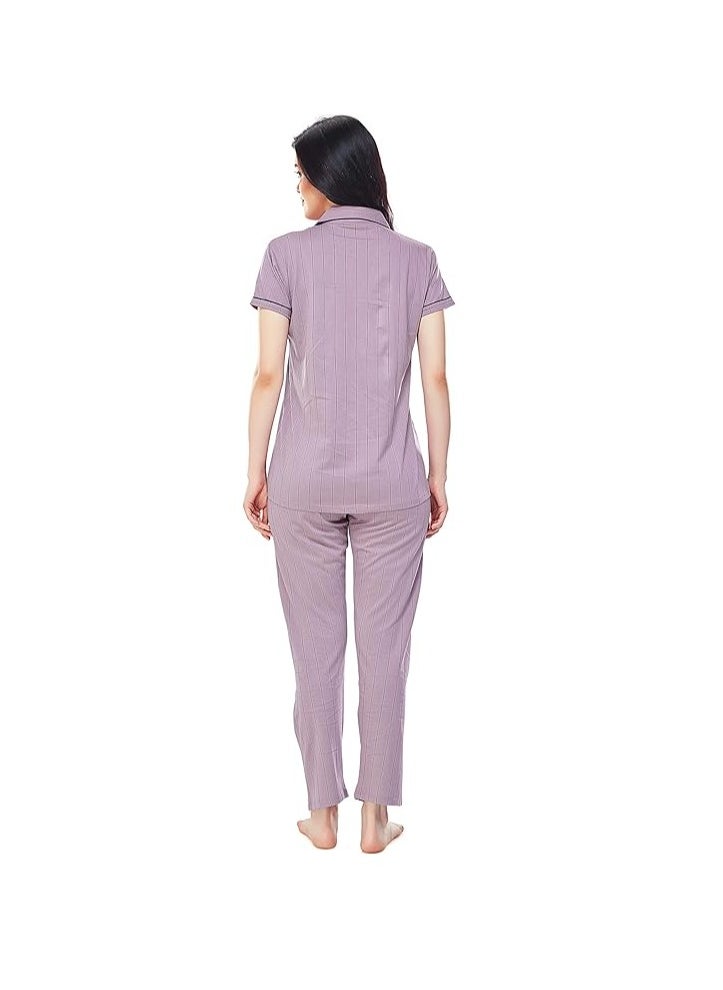 Women's Cotton Strip Printed Night Suit Set of Shirt & Pyjama