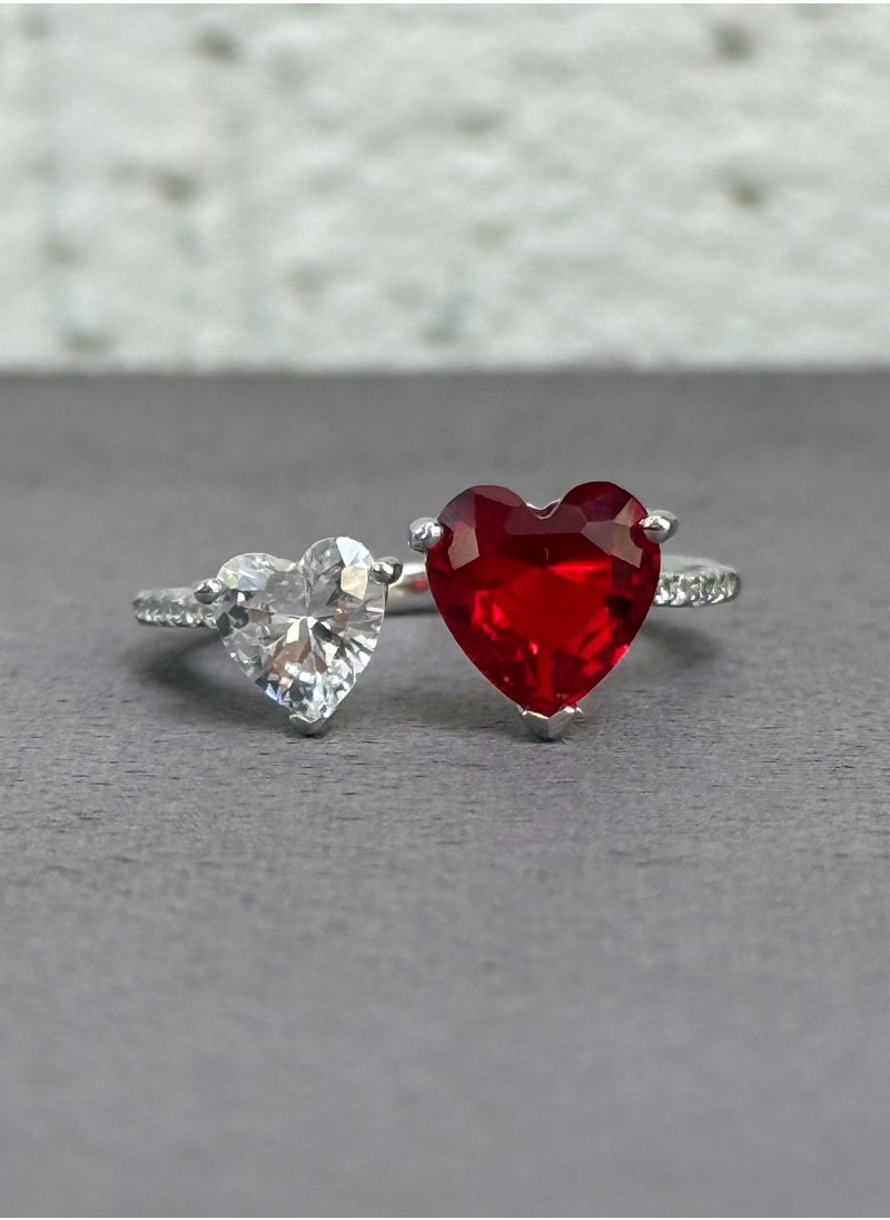 Al Kasr Jewelry - Heart Duo Ring - Adjustable - Sterling Silver 925 with Red and White Zircon Stones - Plated Rhodium White Gold 18K - Image 1