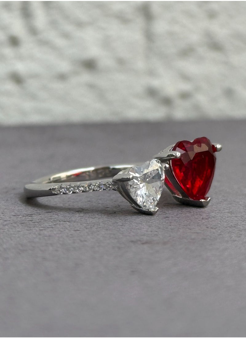 Al Kasr Jewelry - Heart Duo Ring - Adjustable - Sterling Silver 925 with Red and White Zircon Stones - Plated Rhodium White Gold 18K - Image 1