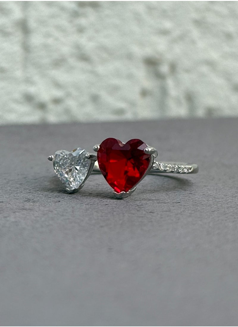 Al Kasr Jewelry - Heart Duo Ring - Adjustable - Sterling Silver 925 with Red and White Zircon Stones - Plated Rhodium White Gold 18K - Image 1